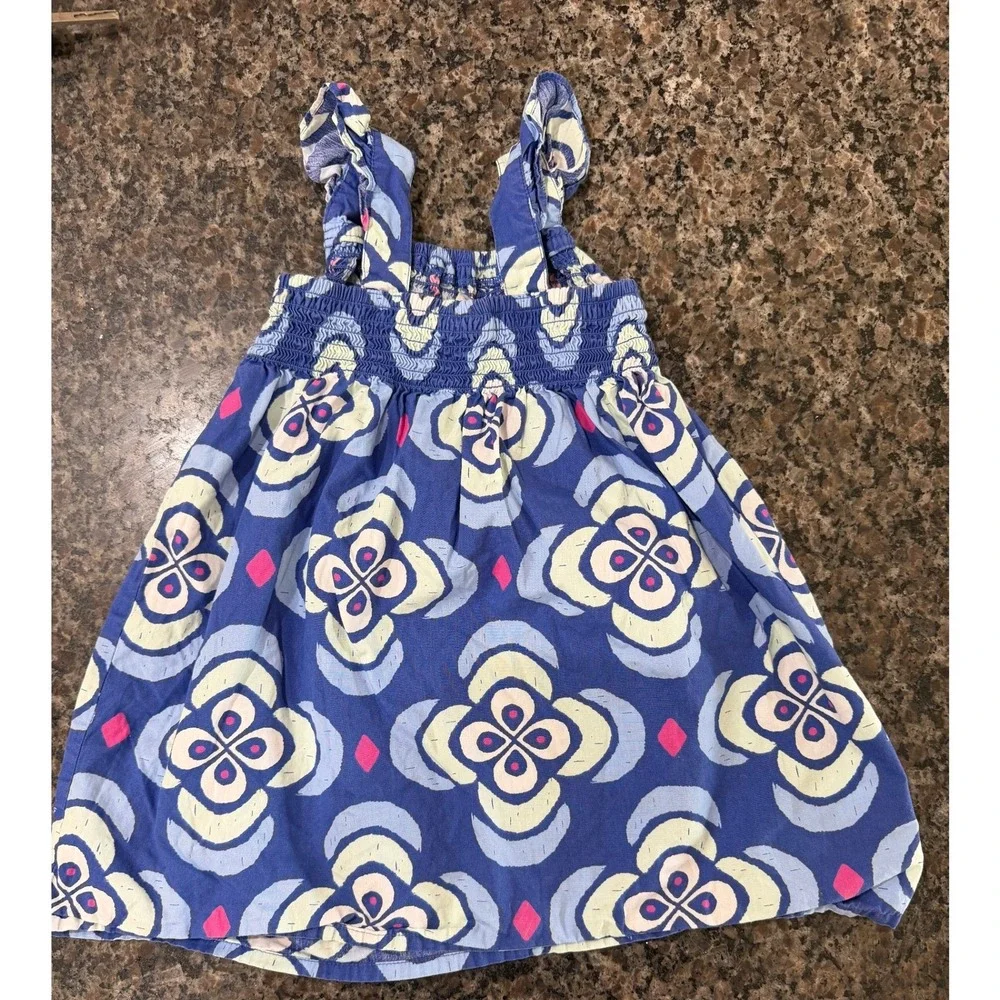 Gymboree Girls Blue Geometric Floral Smocked Ruffle Strap Sleeveless Boho Summer